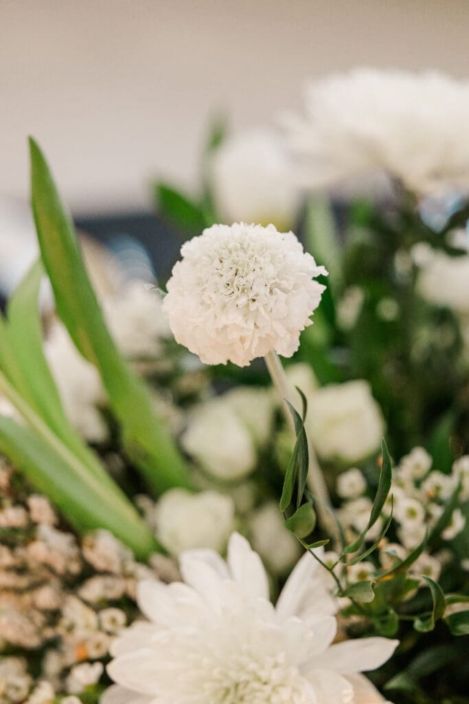 Delicate white scabiosa flower surrounded by lush greenery and blooms in wedding centerpiece.